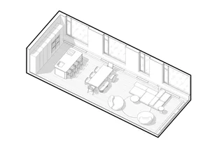 Minimalist modern living, dining, and kitchen space with wooden flooring and furniture.