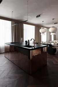 Modern kitchen featuring metallic counter with black countertops, sink, and faucet.