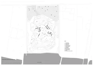 A detailed architectural floor plan of a modern residential building, featuring multiple rooms and living spaces.