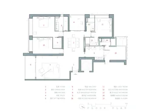 Floor plan of a home interior design with labeled rooms and dimensions.