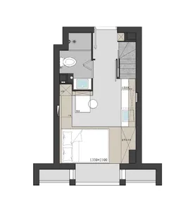 Detailed 2D architectural drawing of a minimalist apartment floor plan with concrete flooring, showcasing efficient space uti