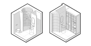 An isometric rendering of a minimalist bathroom with glass shower enclosure.