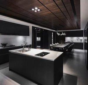 Modern black kitchen and dining room with concrete countertops and dark wood accents