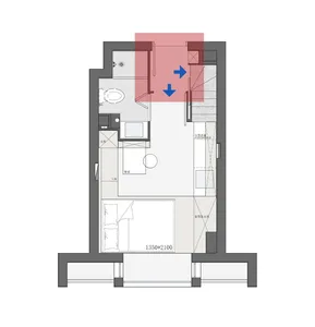 Modern floor plan of a small apartment with living room, bedroom, kitchenette, and bathroom