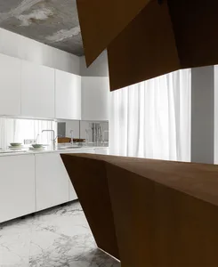 Modern minimalist kitchen featuring white cabinets, a metallic counter, and a white marble floor.