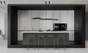 Modern minimalist kitchen with white cabinets, black marble countertop, and stone accents.