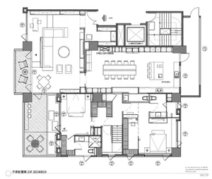 Floor plan of a modern dining room with detailed furniture placement and dimensions.