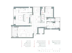 Modern house floor plan with living room, kitchen, bedrooms, and bathrooms.