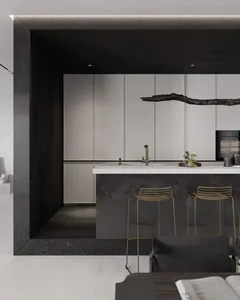 Modern industrial residential kitchen with terrazzo and marble finishes.