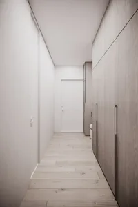 現代簡約走廊，木質地板搭配白牆，通往房門。