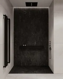 Modern bathroom with black marble walls and ceramic tiles