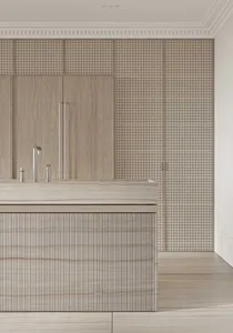 Modern minimalist bathroom with wooden cabinets and perforated panels.