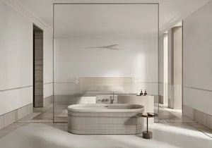 Modern bathroom with wood and glass materials and a large mirror.