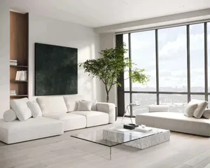 Modern minimalist living room with white sofas, large window, and green tree.