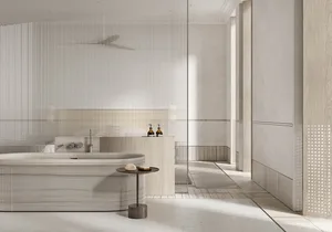 Modern bathroom interior with wood elements and minimalist design.