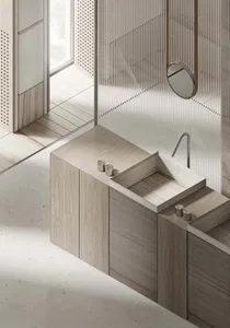 Modern bathroom featuring wooden furniture with minimalist design and contemporary fixtures.