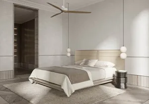Modern bedroom with wooden furniture, white walls, and a cozy ambiance.