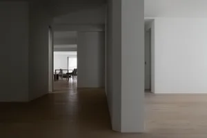 A minimalist apartment with a white interior featuring a living room, dining area, and hallway with wooden flooring and white