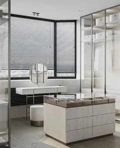 Modern bathroom with glass windows and minimalist design elements.