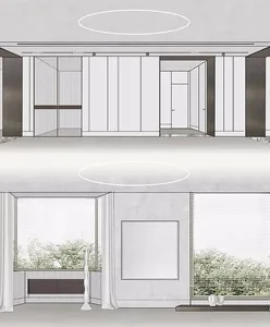 Modern interior design featuring minimalist floor plan with concrete walls, large windows, and a minimalist art piece.
