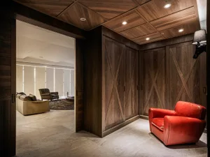 A modern interior design concept featuring a private jacuzzi suite with marble and concrete elements.