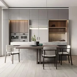 Modern kitchen interior featuring concrete, steel, and wood materials.
