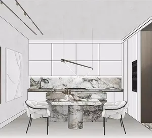 Modern kitchen with marble countertops and cabinets.