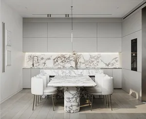 Modern, minimalist kitchen with marble countertops and columns