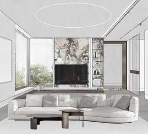 Modern living room featuring marble wall and concrete floor.