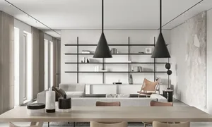 A modern living room with neutral-colored furniture and materials.