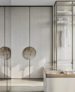 Modern minimalist closet with glass and wooden elements.