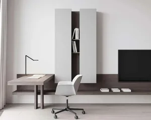 A minimalist home office with a wooden desk, rolling chair, and modern shelving unit.