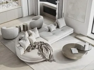 Modern, minimalist living room featuring soft fabric and felt furniture.