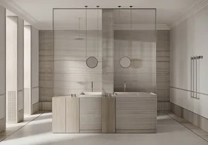 A minimalist bathroom with marble elements, featuring modern design with smart features.