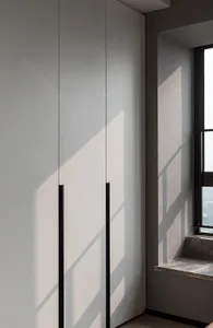 Modern minimalist bedroom featuring a concrete wall and floor.