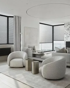 Minimalist living room featuring textured fabric furniture and contemporary decor.