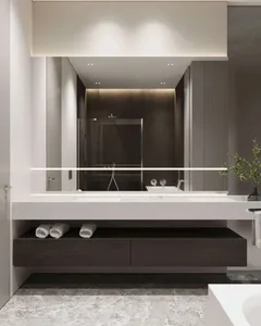 Modern, minimalist bathroom with a floating vanity, glass shower enclosure, and sleek, dark wood cabinetry underneath.
