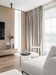 A modern living room with minimalist decor, featuring a sleek sofa, wooden cabinets, and a large window with sheer curtains, 