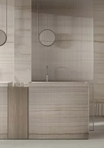 A modern, minimalist bathroom with a marble sink and vertical wood-paneled walls.