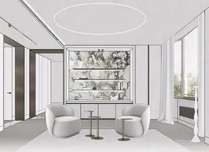 Luxurious modern living room with white marble accents and minimalist furniture.