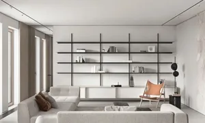 Modern minimalist living room with metal floating shelves and fabric upholstered sofas.