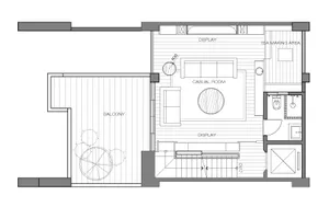 Floor plan of a casual room featuring wooden elements and a central seating area.