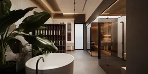 Modern minimalist bathroom featuring ceramic tiles and a freestanding tub.