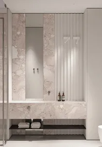 Modern minimalist bathroom featuring marble fixtures and a clean, uncluttered design.