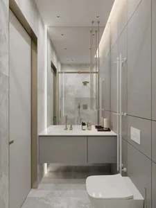 Modern minimalist bathroom featuring marble and glass materials