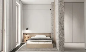 Modern minimalist bedroom featuring a wooden bed frame, concrete floor, and glass window.