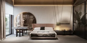 A minimalist bedroom featuring a bed with a wooden headboard and a fabric-covered mattress, alongside a modern, sleek nightst