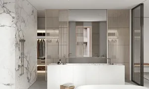 A modern minimalist bathroom with white marble walls and a wooden slatted privacy screen.