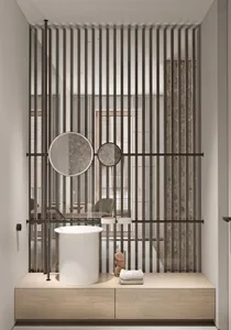 Modern bathroom featuring a minimalistic design with wooden accents and a white circular mirror.