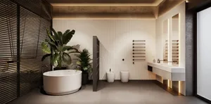 A modern bathroom featuring white concrete tiles, a freestanding bathtub, and various functional zones.